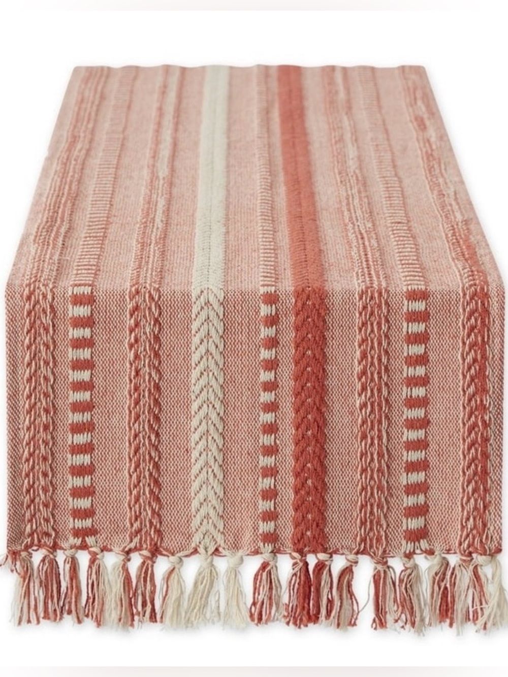 Striped Coral and Cream Woven Table Runner